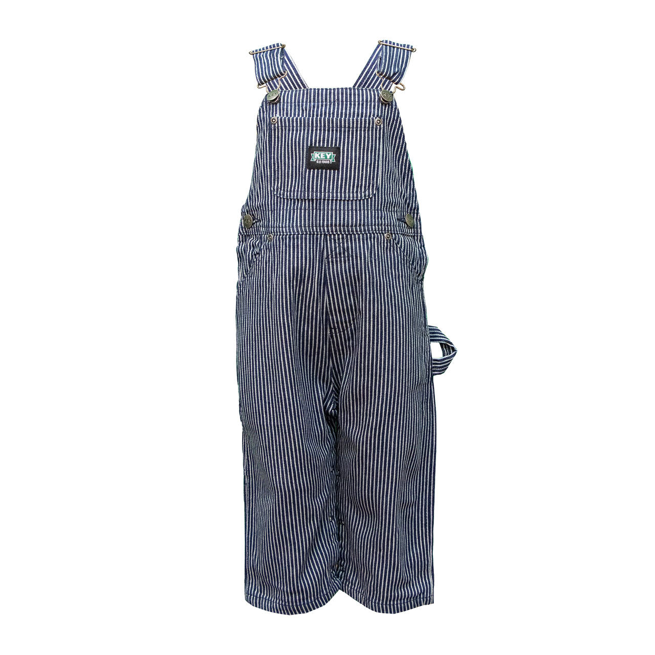 Full-length front view of striped toddley bib-overall from KEY.