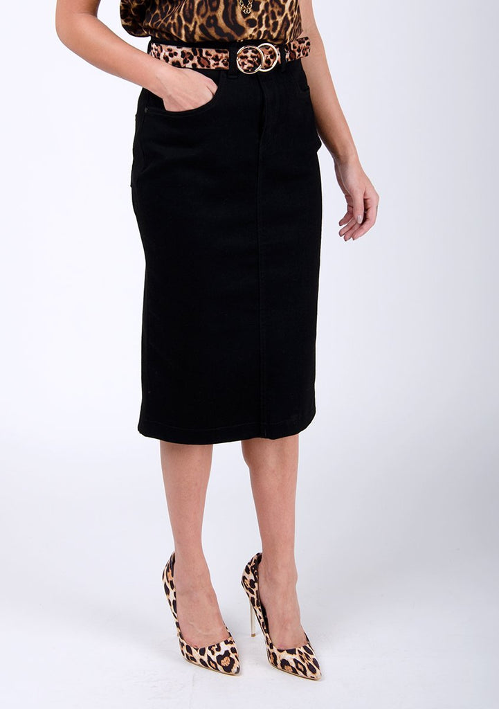 Half-frontal focus on front of casual, black denim midi-skirt.