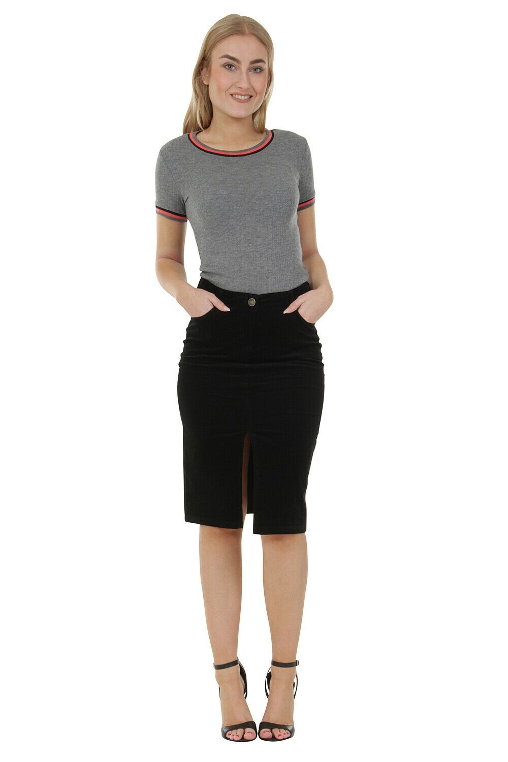 Side view of dark and stretchy fine-cord, knee-length skirt from Dungarees Online.
