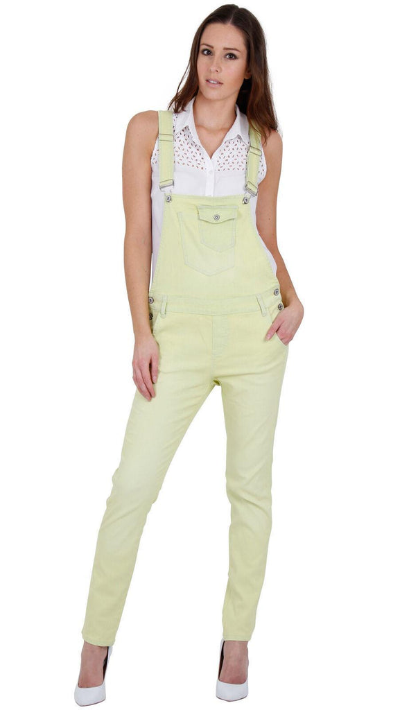 Full-length front view of womens slim-leg lemon-yellow dungaree with view of adjustable straps, belt loops and multiple pockets.