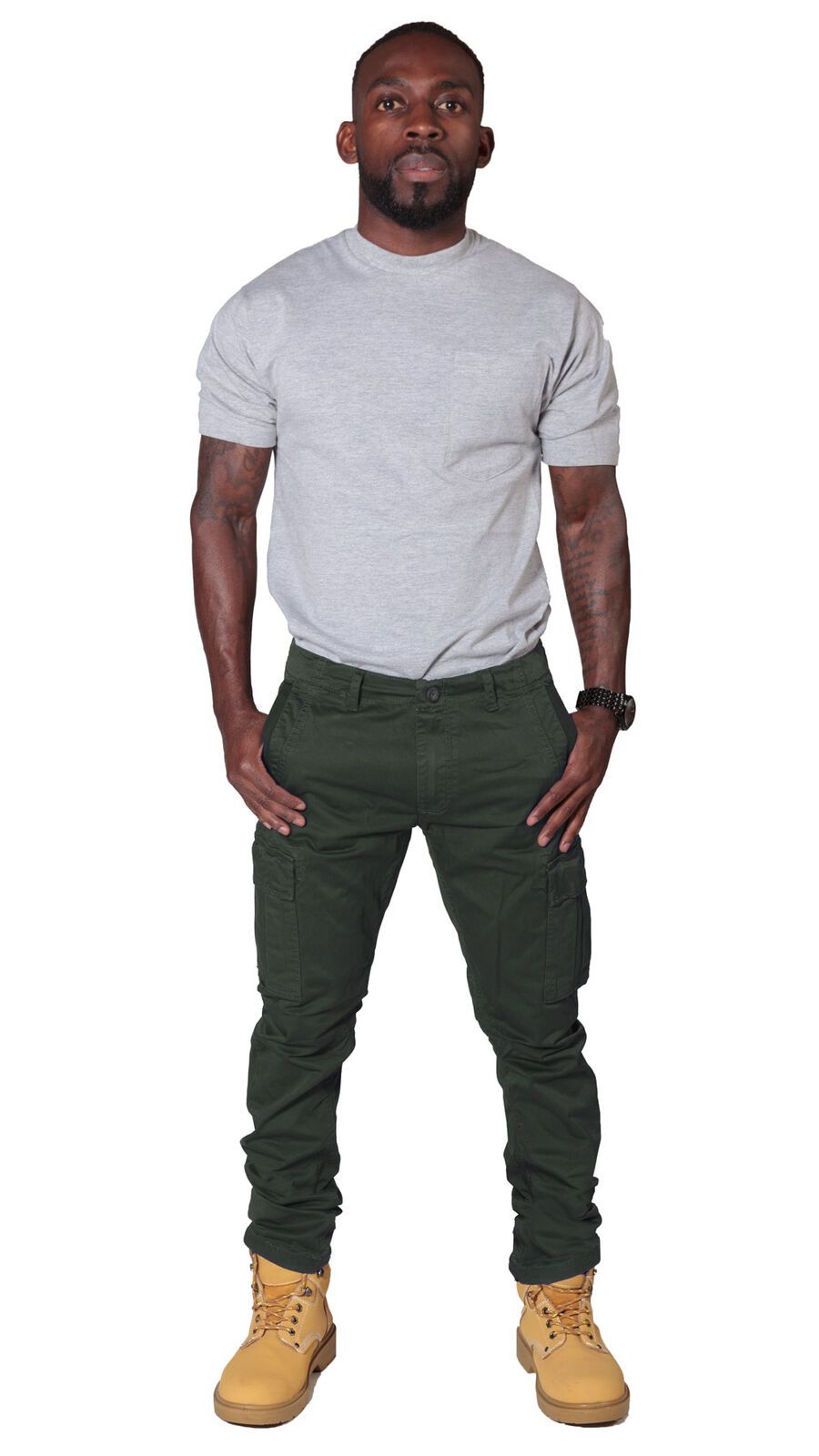 Full frontal view of ‘Pete’ style, casual cotton mix cargo trousers in khaki with thumbs in front pockets and view of belt loops and zip fly.