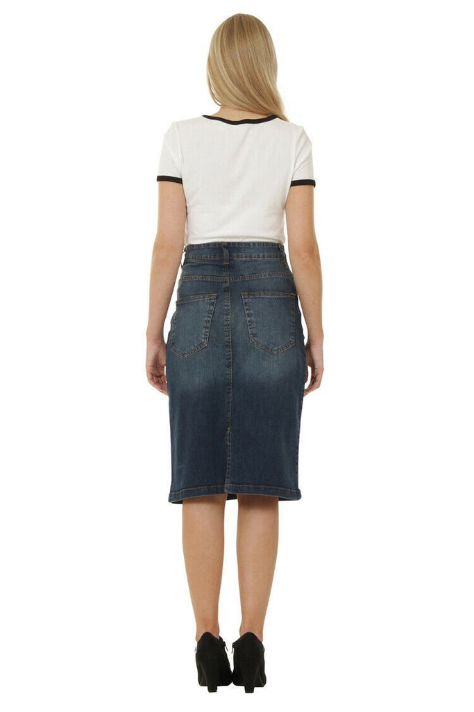 Full-length back of stretch vintagewash denim skirt from Dungarees Online.