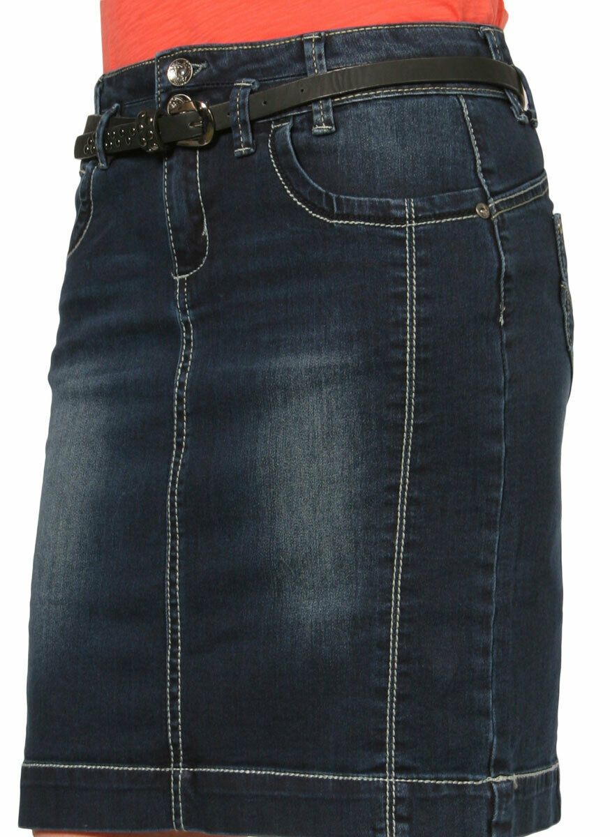 Close-up side view of stretchy, cotton-polyester blend dark denim above-the-knee skirt.
