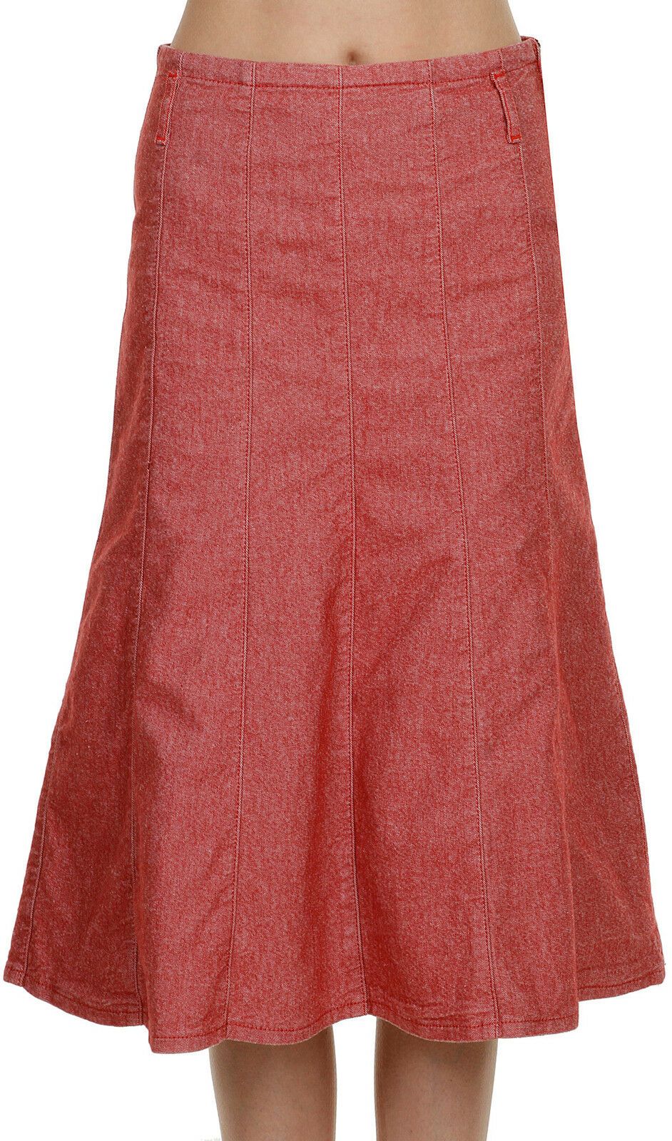 Close view of red panelled skirt with stretchy denim and belt loops showing that it sits below the waist. 