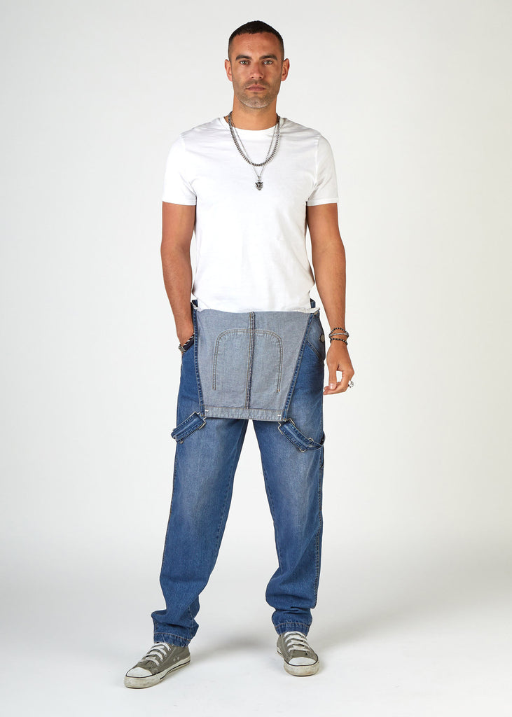 Full frontal bib-down view of loose-fit, stonewash bib-overalls from Dungarees Online, revealing white t-shirt.