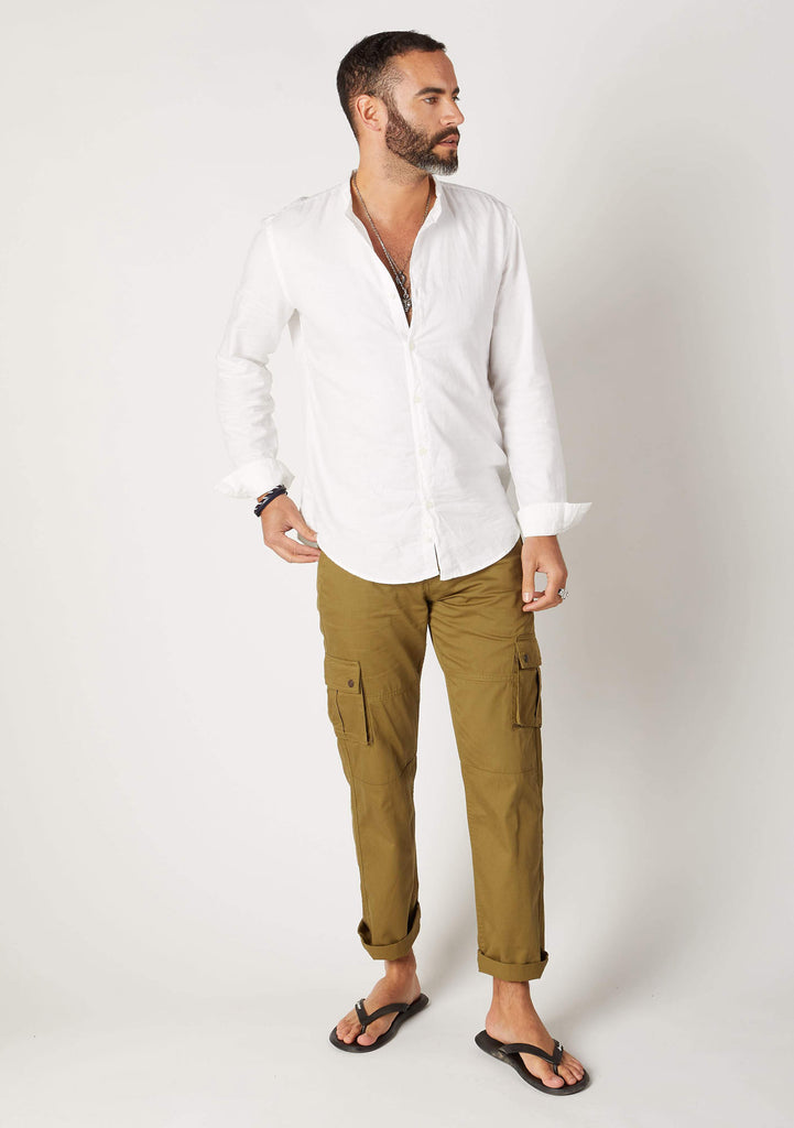 Front view of men's olive green organic cotton loose fit cargo trousers.