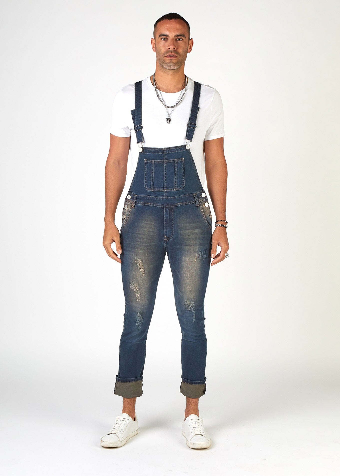 Men's Skinny Fit Bib-Down Blue Denim Dungarees |UK W28-W36