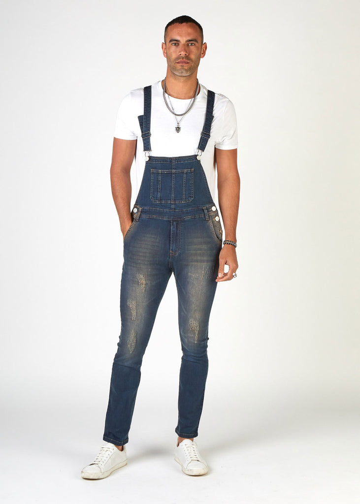 Men's Skinny Fit Bib-Down Blue Denim Dungarees |UK W28-W36