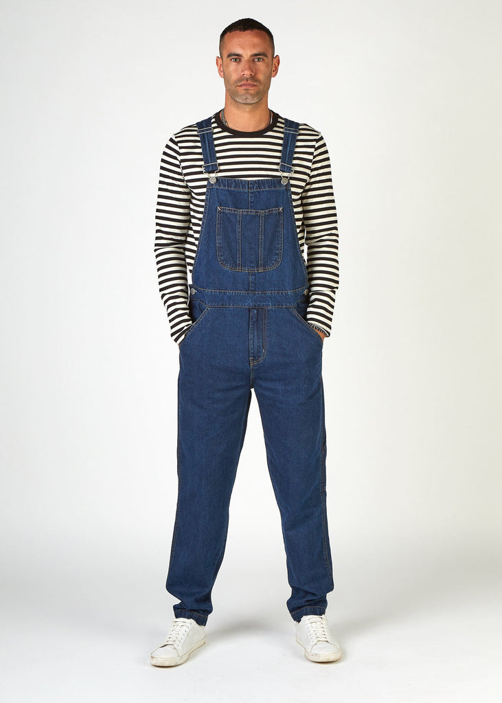 Full-length front view of stylish 'Dave' heritage bib-overall with slight scoop at the top of the bib and clear view of adjustable straps.