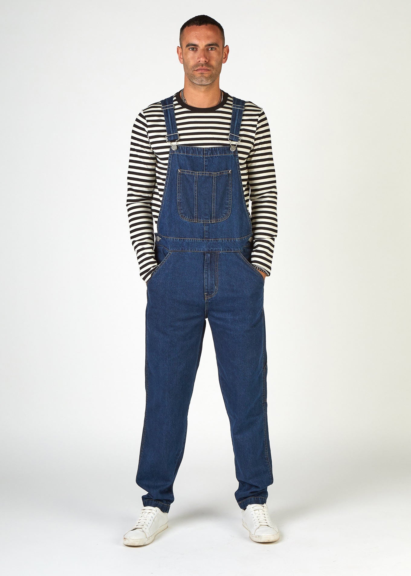 Full-length front view of stylish 'Dave' heritage bib-overall with slight scoop at the top of the bib and clear view of adjustable straps.