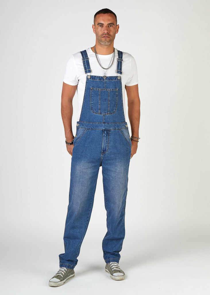 Full frontal view of stylish 'Dave' heritage bib-overall with slight scoop at the top of the bib and clear view of zip fly and adjustable straps.