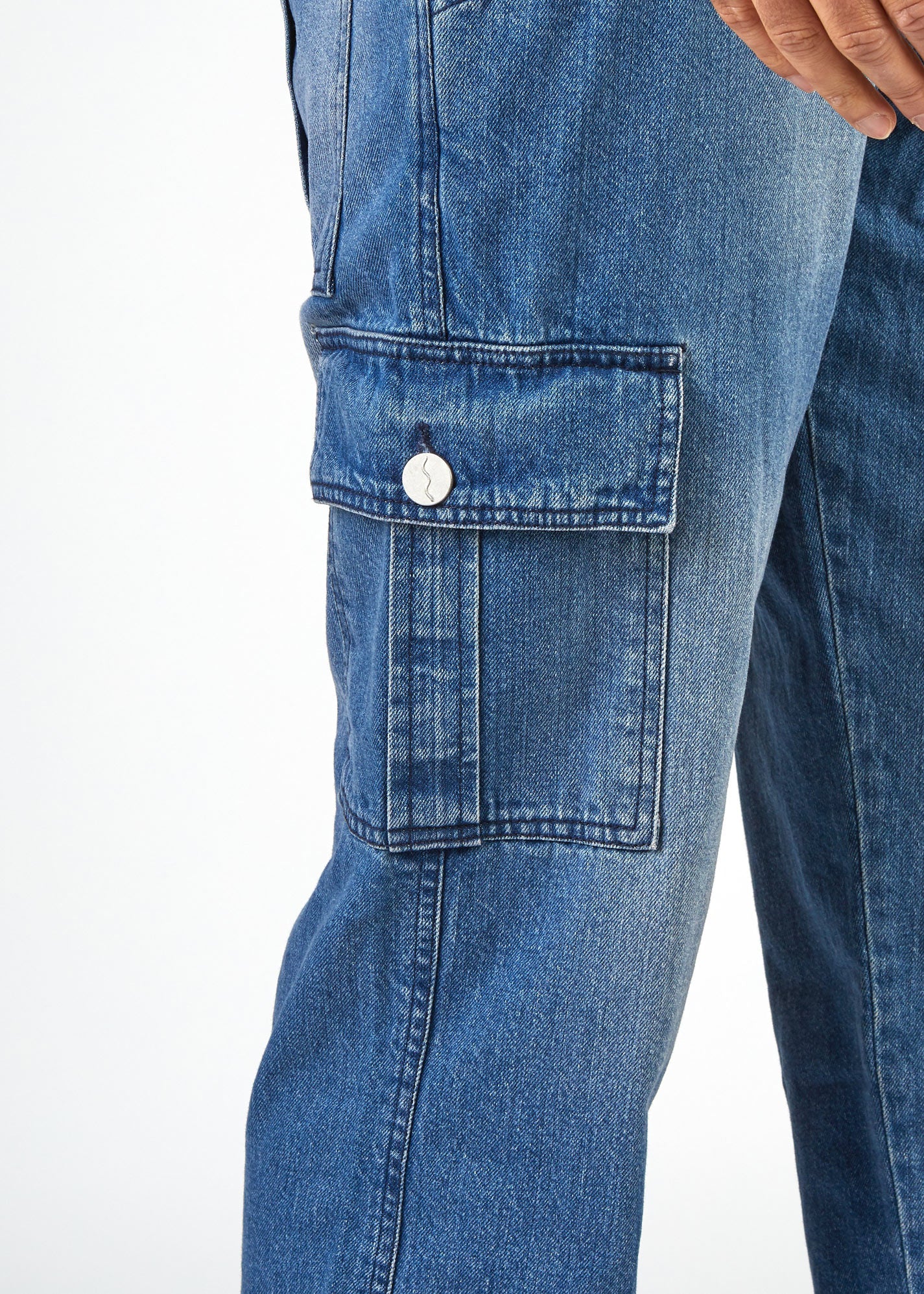 Close-up of button-down cargo pocket on 'Lee' bib-overalls.