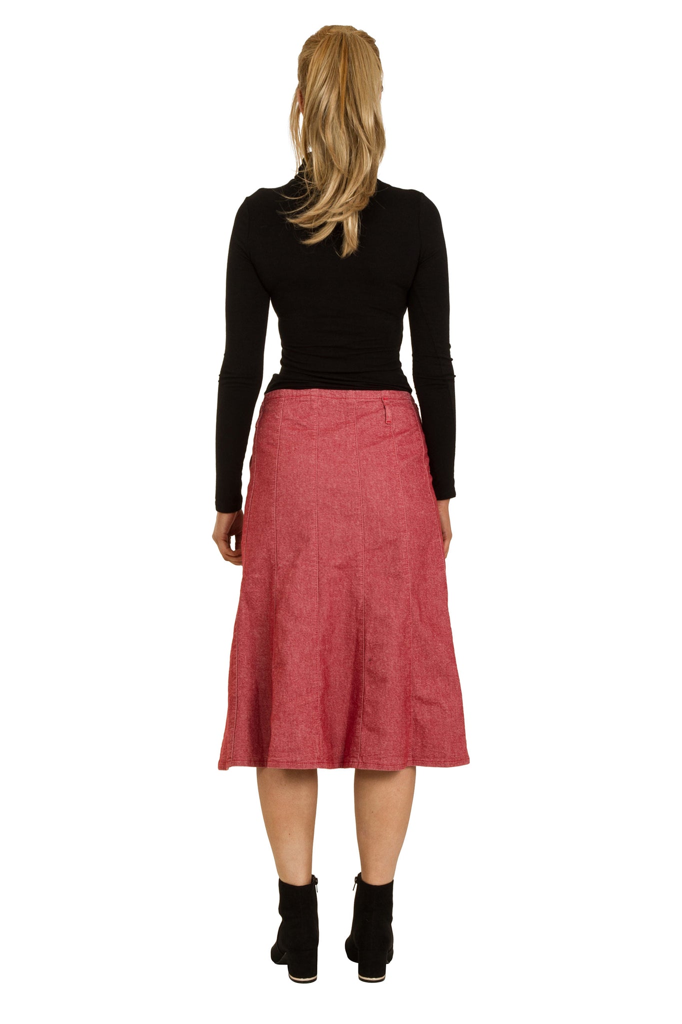 Back view of red panelled skirt with stretchy denim and belt loops showing the flared effect,