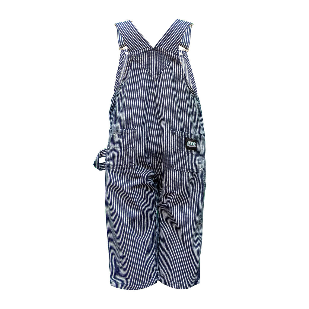 Full-length back view of striped toddley bib-overall from KEY.
