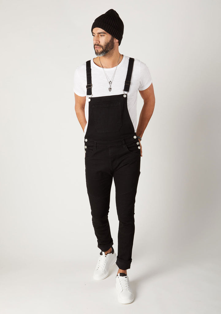 Front slightly angled shot men's skinny fit black denim bib-overalls