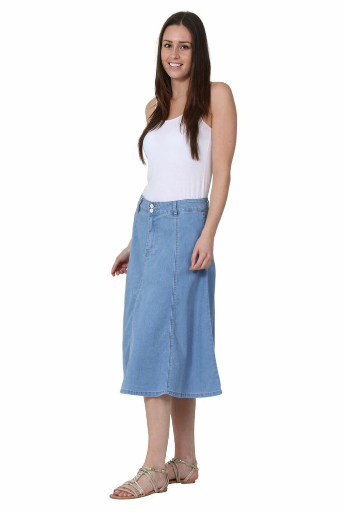 Full-length angled frontal view of midi, cotton mix, A-line denim skirt.