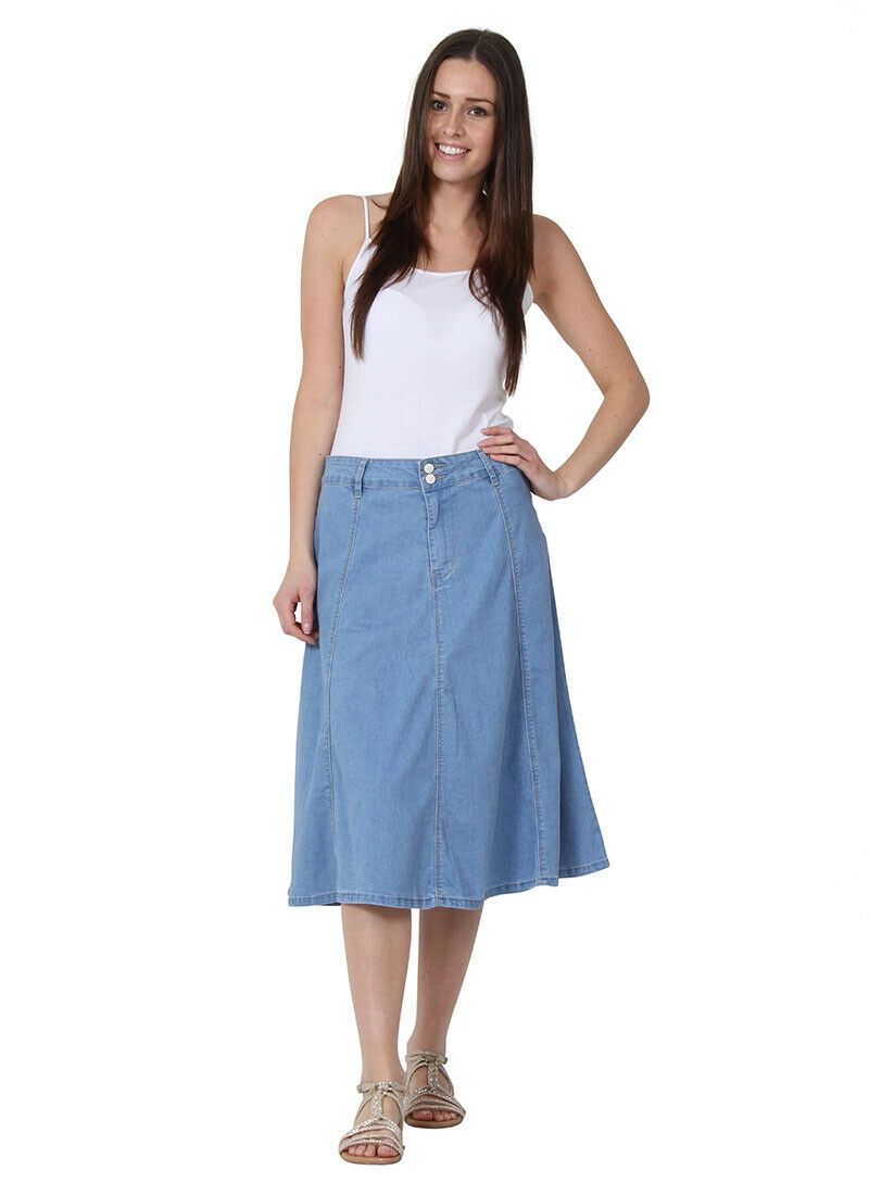 Full frontal view of mid-length A-line denim skirt from Dungarees Online.