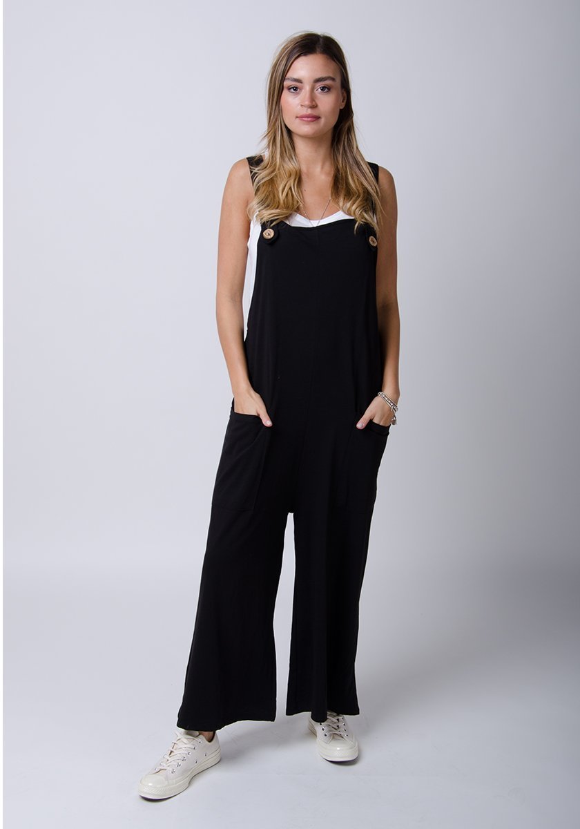 Black Wide Leg Women's Dungarees, Jersey Cotton