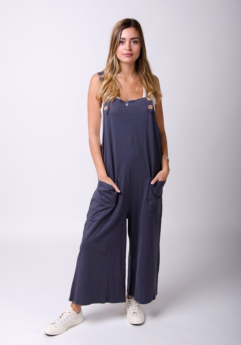 Amber-style, charcoal cotton jersey, wide-leg overall. Front, full-length pose highlighting functional pockets.