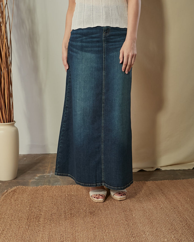 Close-up front view of vintage blue Angie organic mid-weight denim skirt.