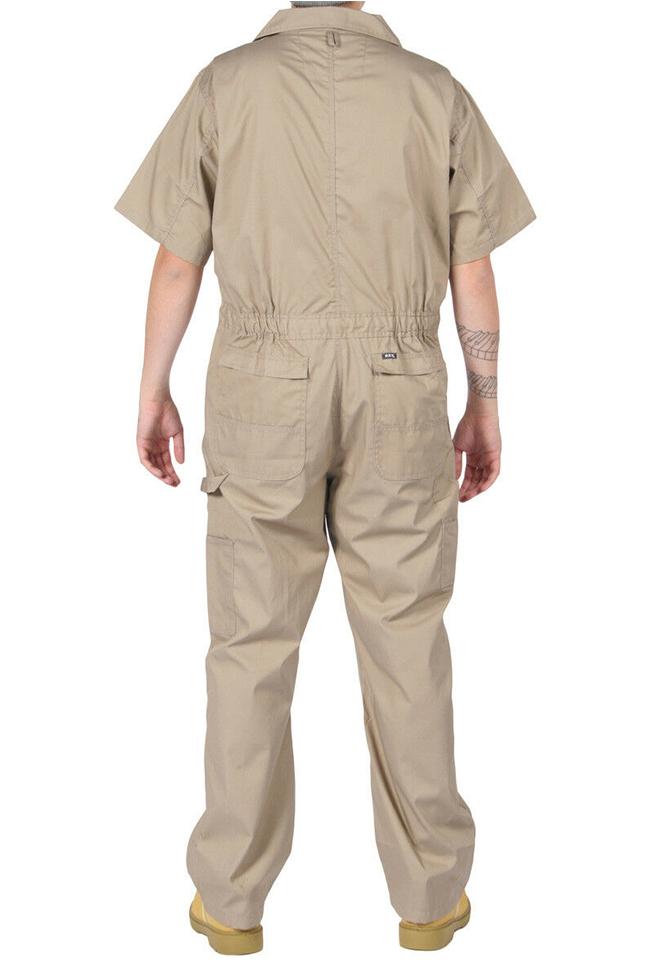 Full-length back view showing ‘Key Apparel USA’ relaxed-fit khaki coverall, showing back  pockets with ‘flap and snap closure’.
