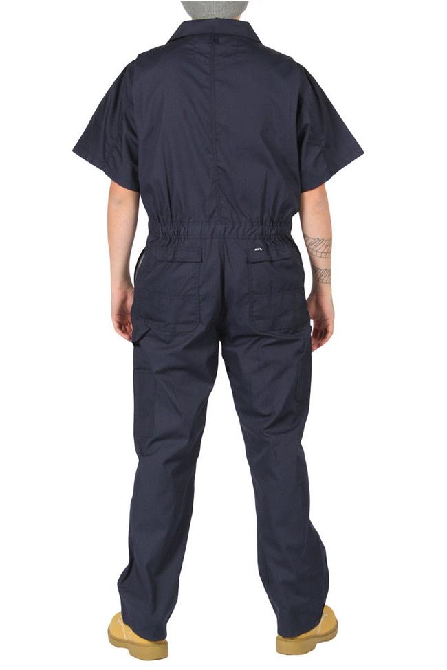 Full rear view of dark blue ‘Key USA’ coverall, showing pleated back and large, reinforced rear pockets.