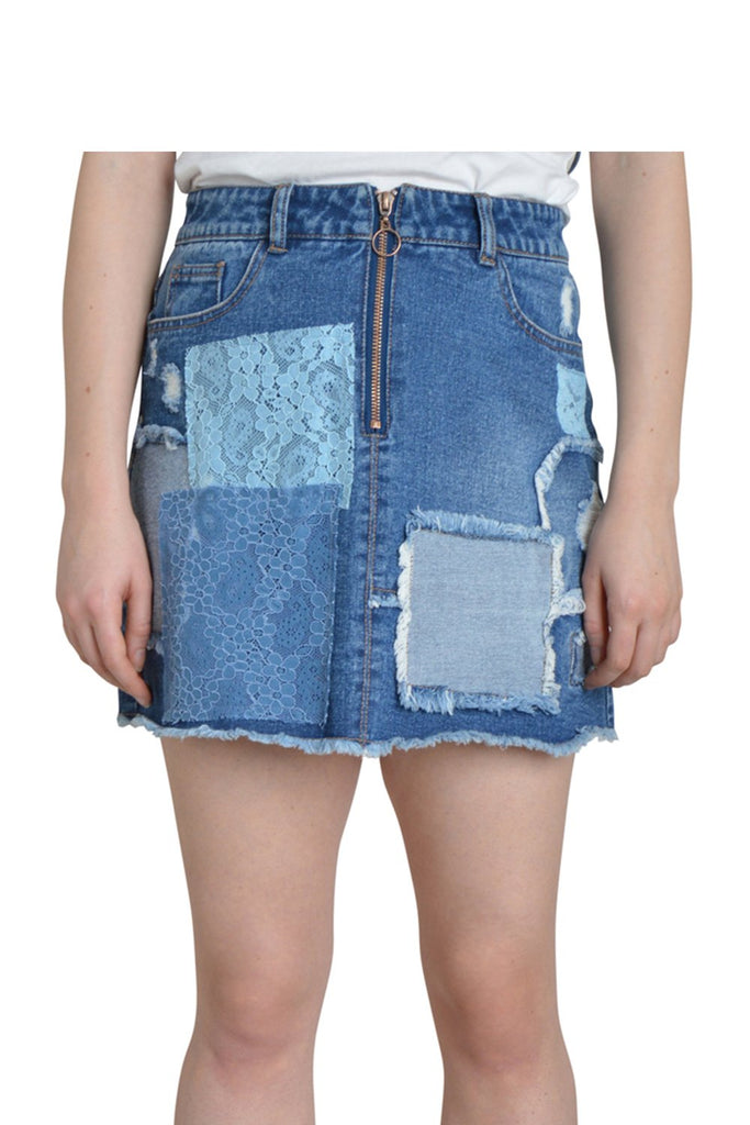 Close-up front view of short, lace and denim de-reconstructed and raw hem detail skirt.