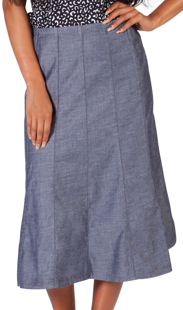 Close up front view of panels of soft, stretchy chambray denim on midi skirt.