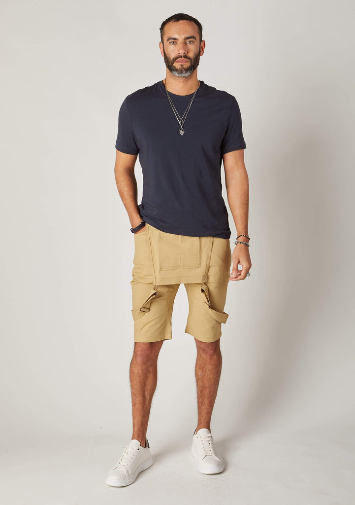 Full frontal bib-down view of slim-fit, khaki cotton bib-overall shorts from Dungarees Online, revealing dark grey t-shirt.
