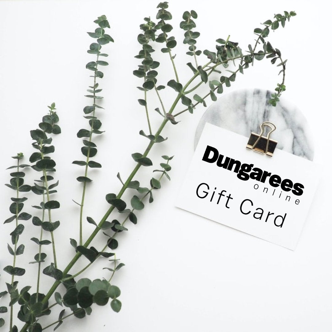 Dungarees Online gift card on white backdrop with floral decoration.