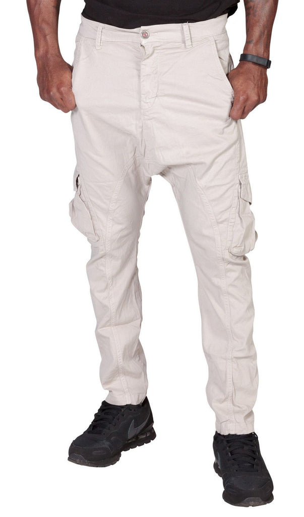 Close-up frontal of ‘Finley’ style, casual cotton mix cargo trousers in stone, with view of front pockets, belt loops and drop crotch styling.