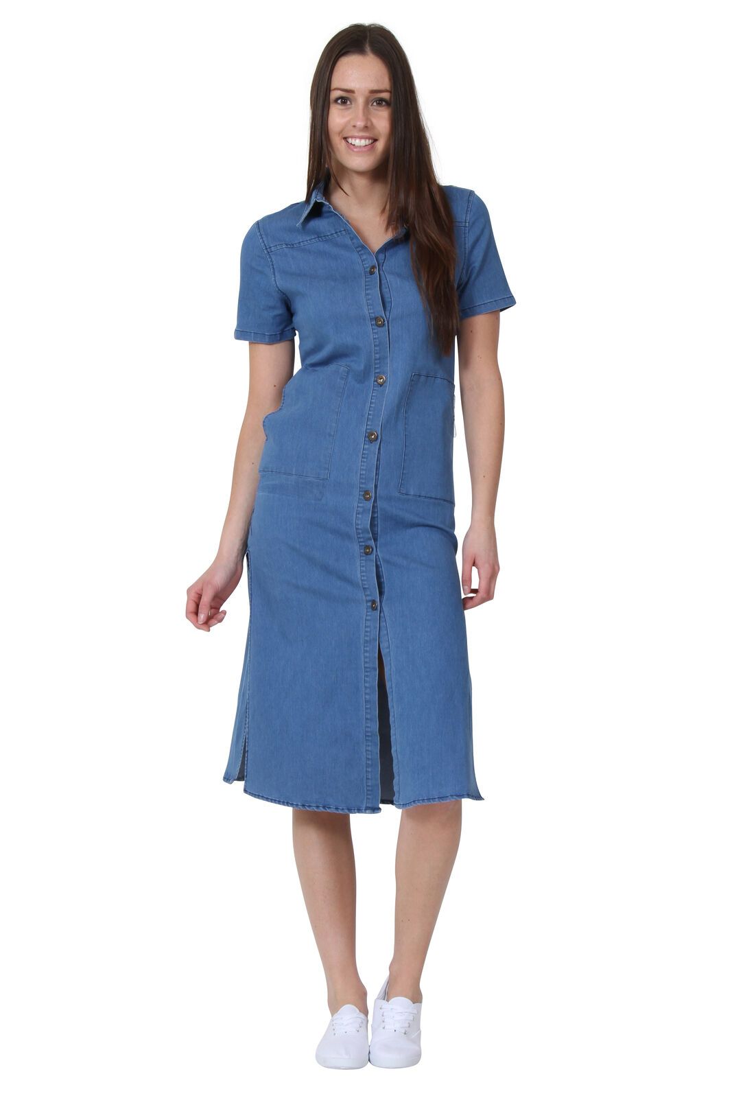 Full frontal view wearing button through midi denim dress.