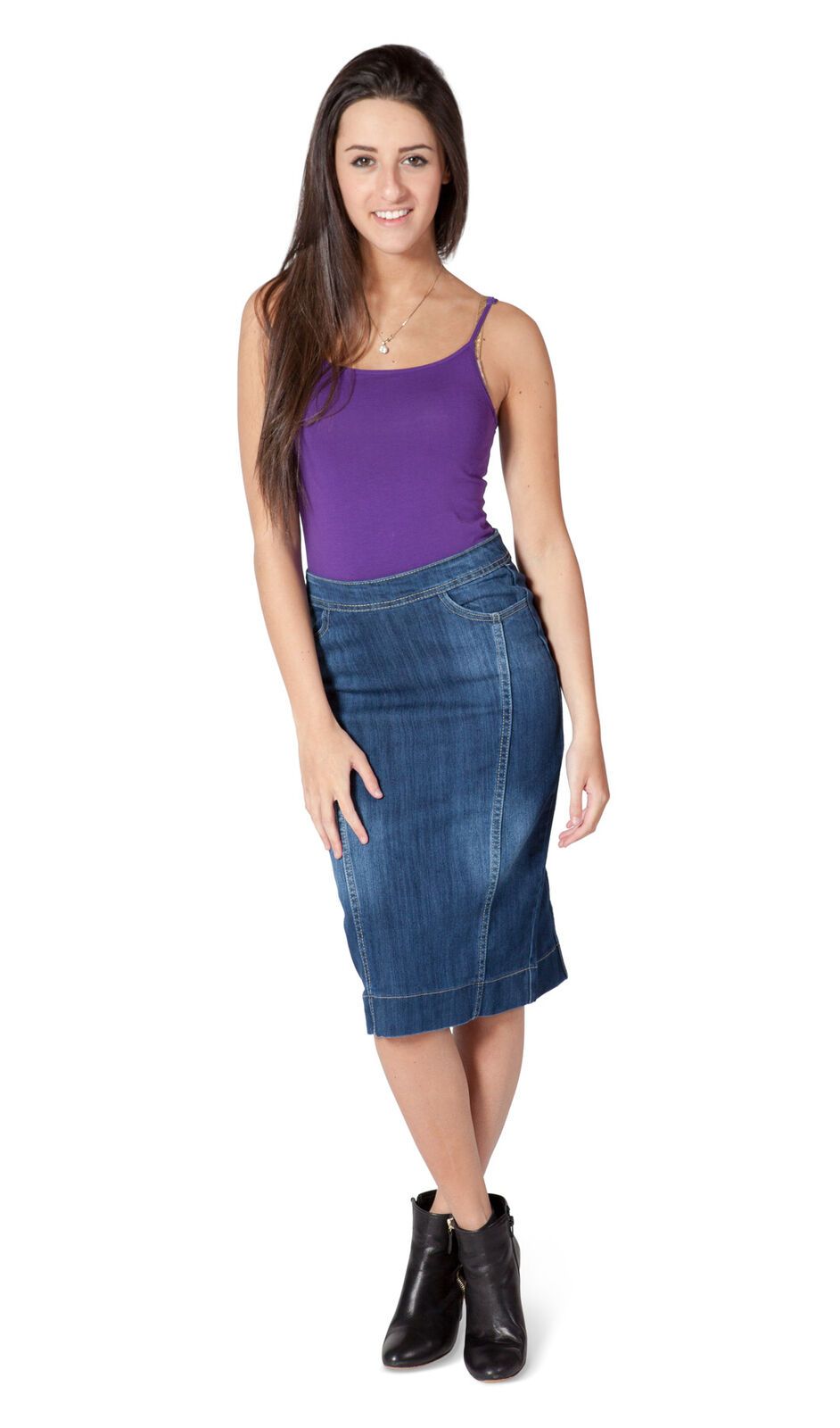 Full frontal view wearing soft, blue denim midi skirt from Dungarees Online.