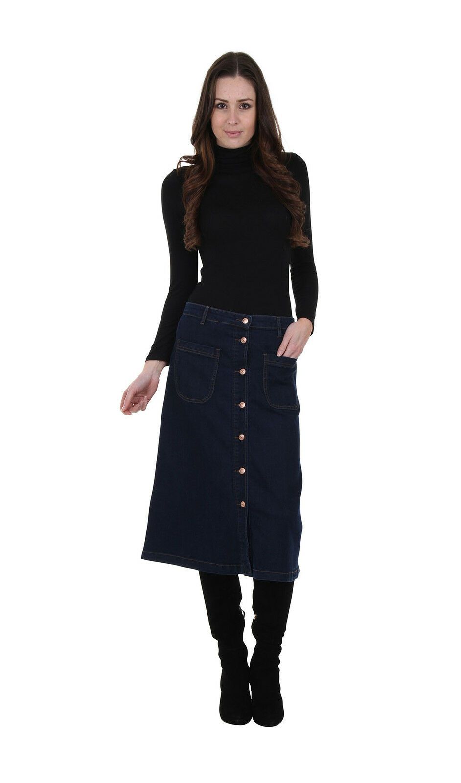 Full frontal pose with hand in front-left pocket of button front dark wash denim midi skirt from Dungarees Online.