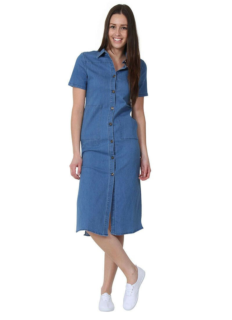 Full frontal view with legs crosses, wearing button-down midi denim dress from Dungarees Online.