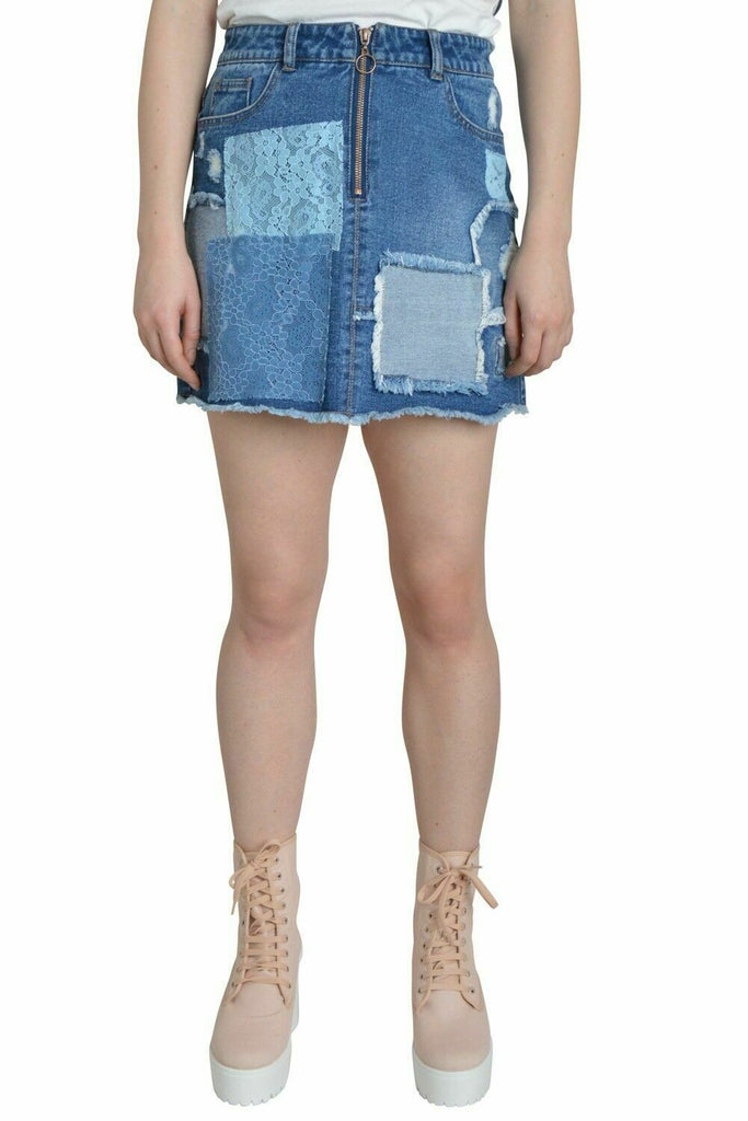 Bottom-half front view of reconstructed denim mini-skirt with belt loops and front zip fastening.