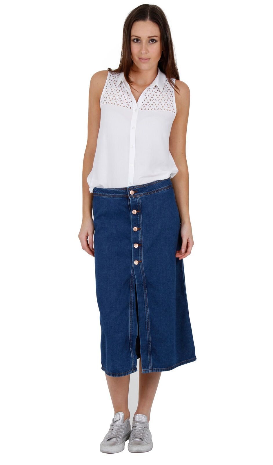 Full frontal view of fashionable button-through calf-length jean skirt from Dungarees Online.