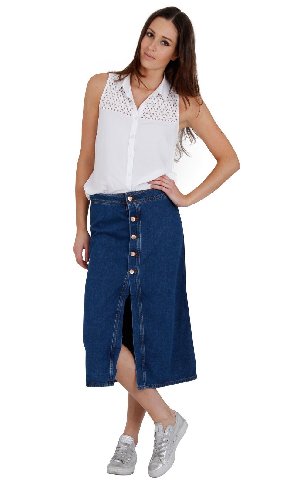 Full frontal pose with hand on left hip of button front mid wash calf-length denim skirt from Dungarees Online.