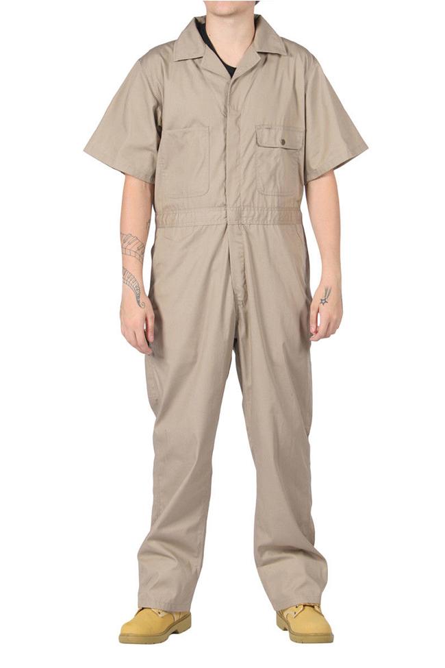 Full front view of pale khaki ‘Key USA’ coverall, showing front pockets pockets.