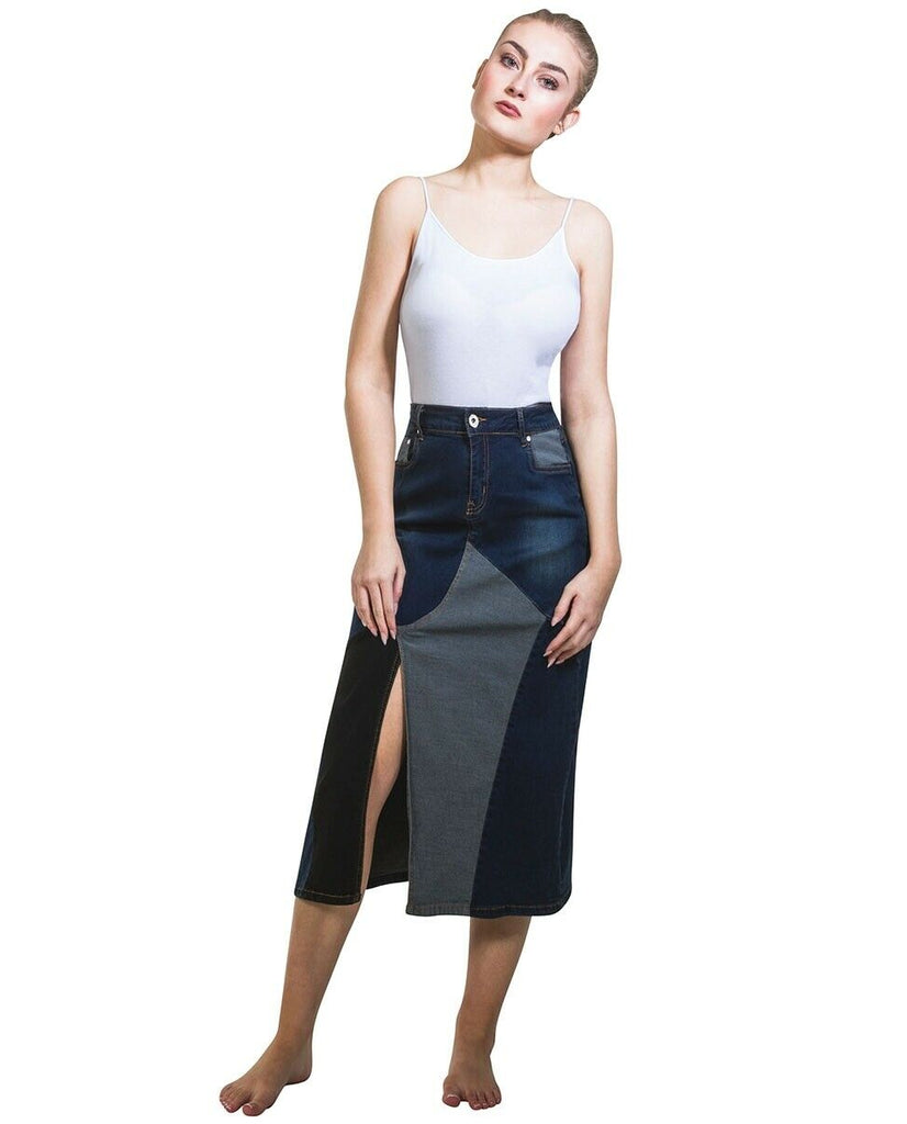 Below-the-knee denim skirt from Dungarees Online, with front pockets, multi coloured denims, zip fastenings and slit.