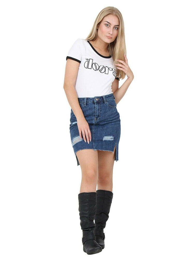 Full-length front view of short-front, longer-back denim skirt, clearly illustrating distressed features on skirt front.