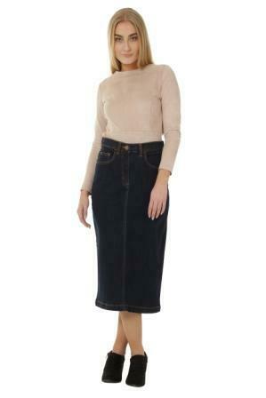 Full frontal with legs crossed wearing ‘Samantha’ brand denim midi skirt from Dungarees Online.