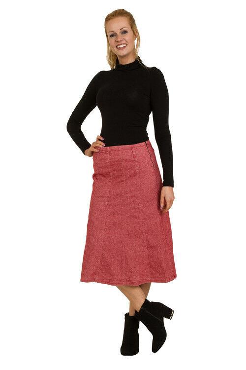 Full length pose with right hand on hip, wearing red denim skirt from Dungarees Online