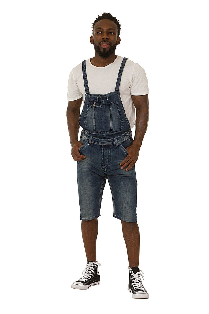 Full frontal pose wearing blue coloured dungaree shorts from Dungarees Online.