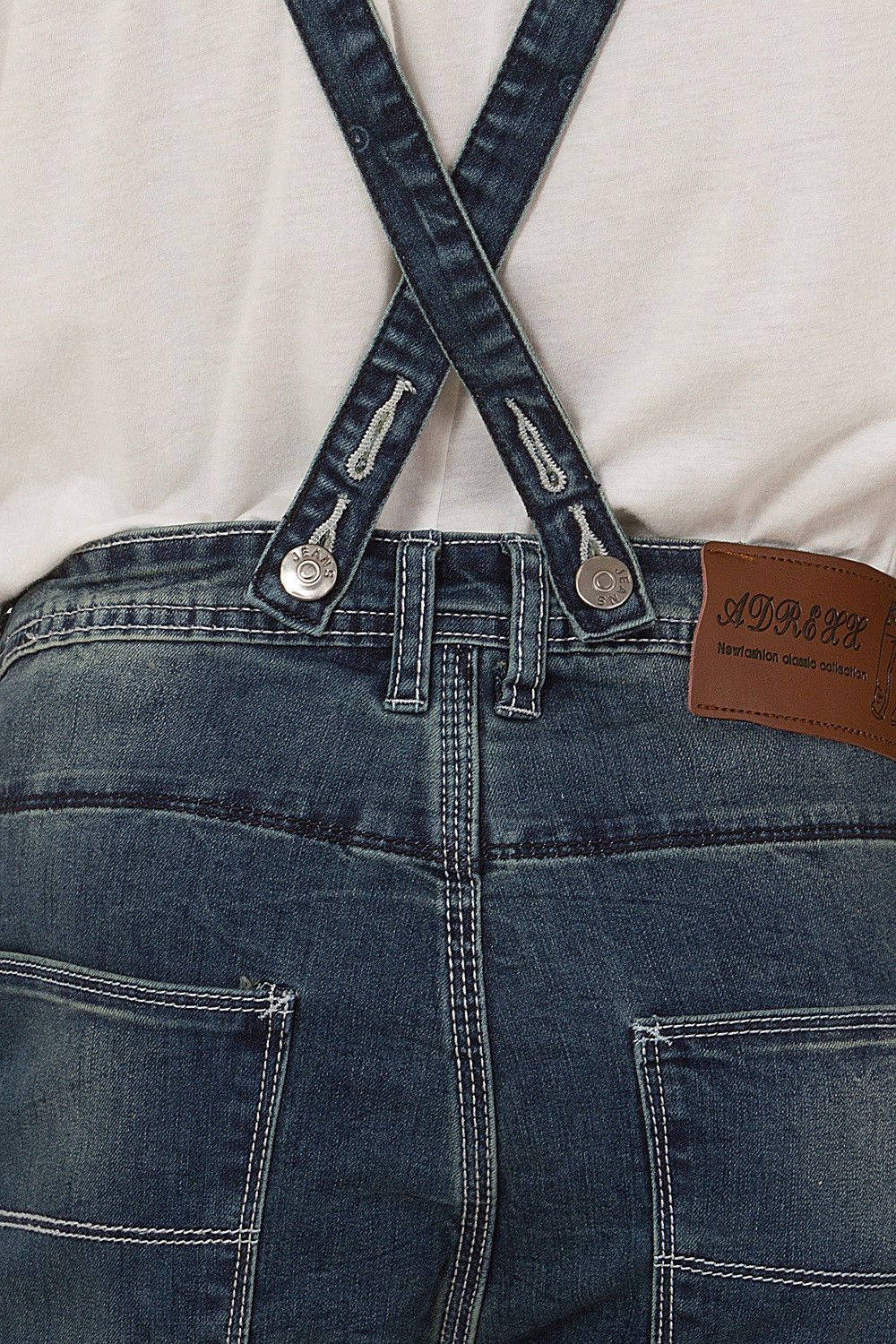 Close-up of strap fastening, back pockets and denim detailing from ‘Guy’ brand detachable bib dungaree shorts from Dungarees Online.