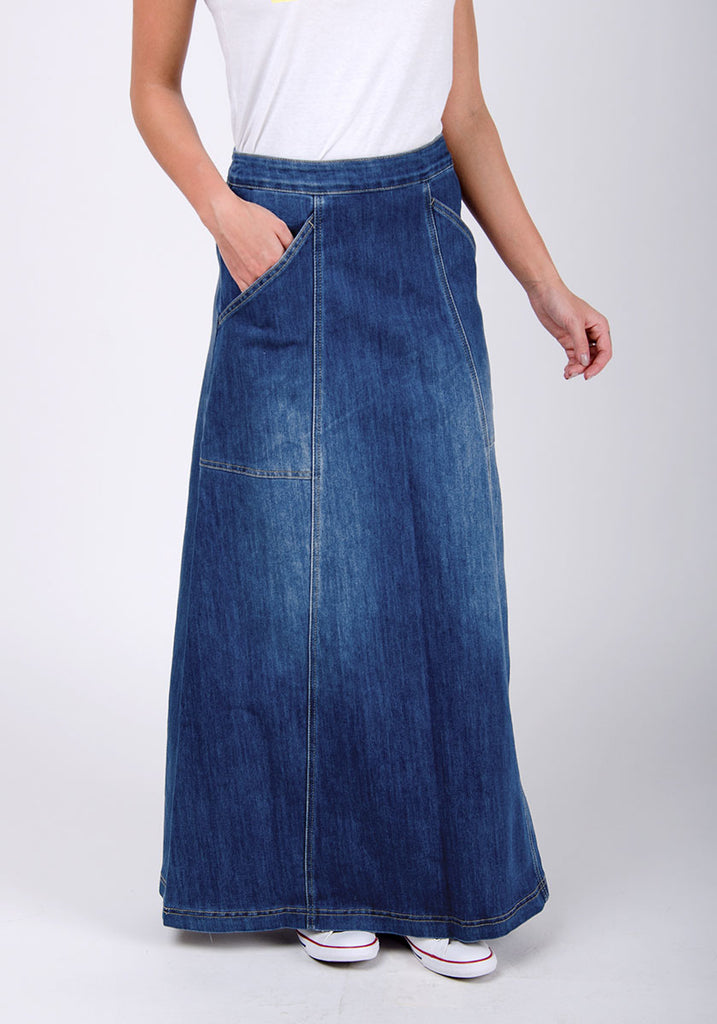 Maxi Stonewash Stretch Panelled Skirt | Deep Pockets