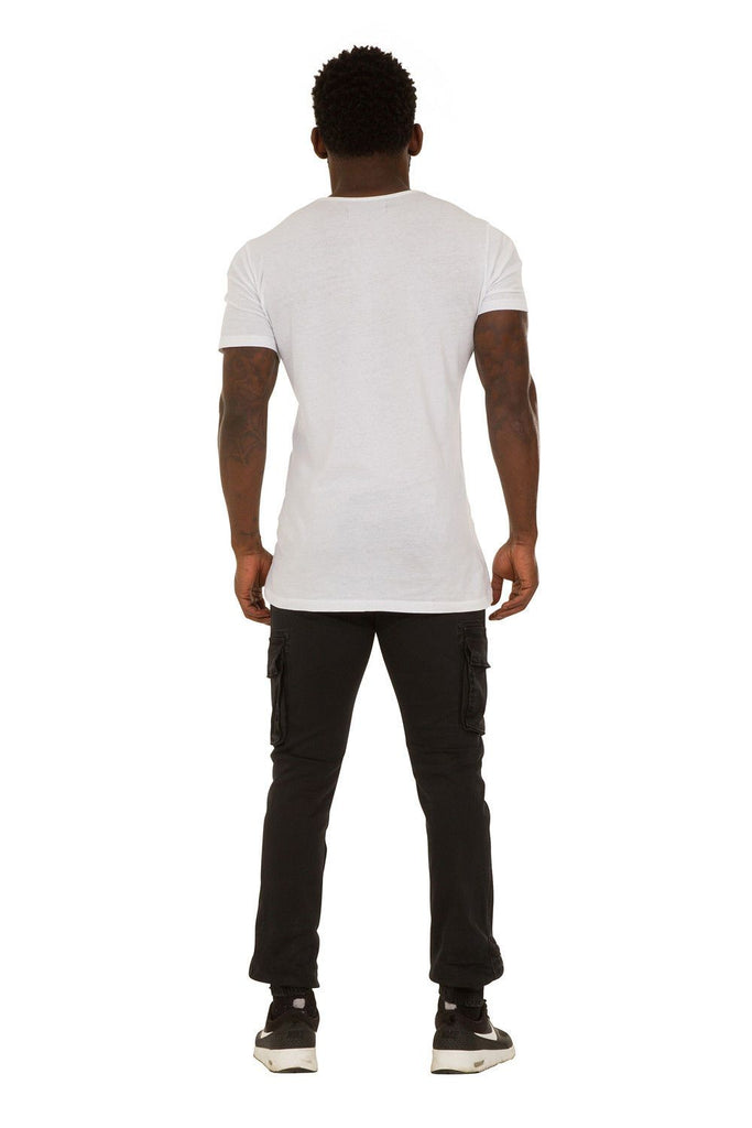Rear view of ‘Jacob’ style, casual cotton mix cargo trousers from Dungarees Online.