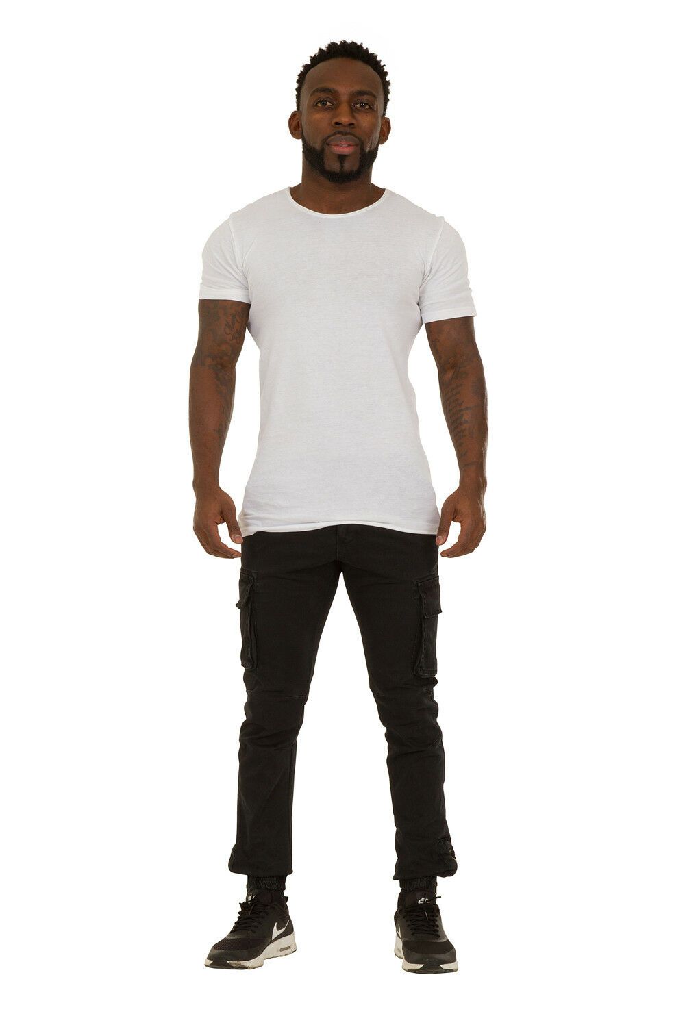 Full frontal view of ‘Jacob’ style, casual cotton mix cargo trousers in black with view of elasticated ankle.
