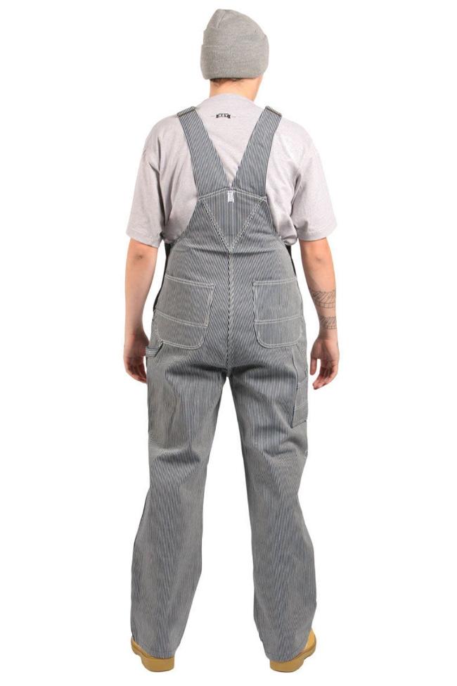 Full rear view of pinstripe ‘Key USA’ bib-overall, showing back straps and rear pockets.