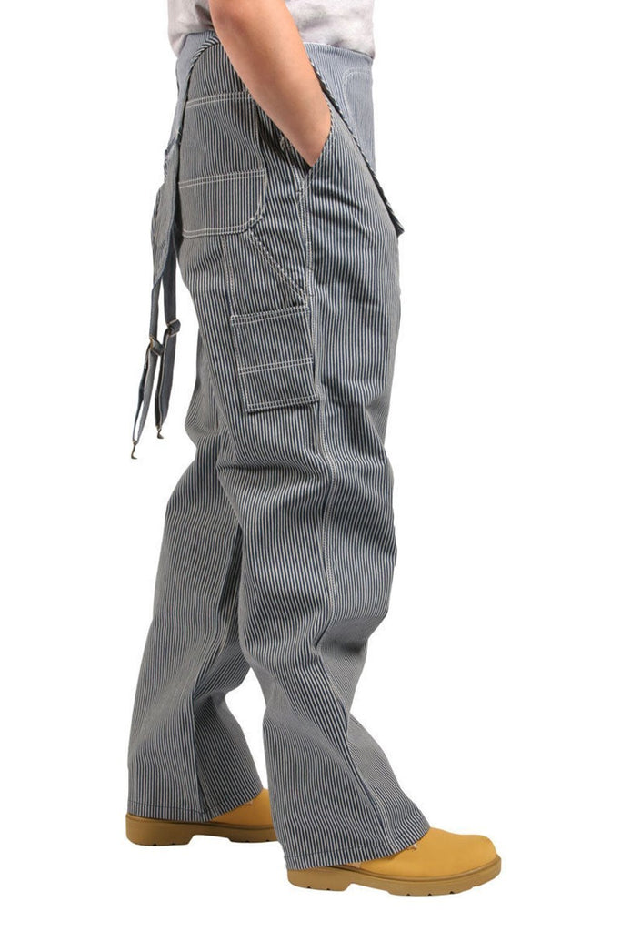 Close up of leg on ‘Key’ premium 12 oz denim work dungarees, showing multiple utility pockets and bib-down.
